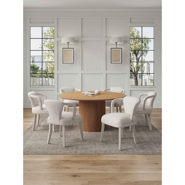 Manhattan Comfort 7-Piece Hathaway 59.05 Round Dining Set in Natural with 6 Flor Dining Chairs in Ivory 6-DT05DC088AR-NAIV - main